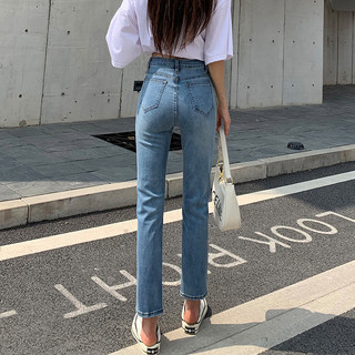 PSTYLEJEANS2023年春秋新款弹力显瘦烟管小个子直筒宽松高腰牛仔裤女加绒秋冬 32 浅蓝九分薄绒