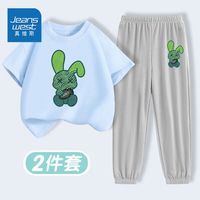 JEANSWEST 真维斯 男童短袖套装夏季宽松运动儿童纯棉t恤夏装半袖洋气两件套 水蓝色灰色ZRD90 140