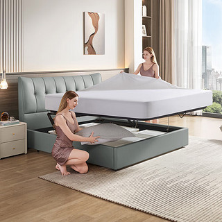 芝华仕真皮床双人现代简约主卧床头软包储物婚床C203绿+床垫