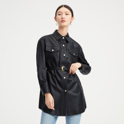 Juzui 玖姿 JZ玖姿商场同款休闲衬衫皮衣女装秋季黑色外套JWBQ01119