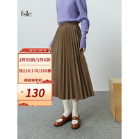 范思蓝恩 22FS4424优雅风琴褶中长款皮裙2022冬装高腰显高显瘦裙子 卡其色 M