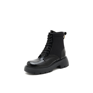 思加图冬季新款休闲马丁靴系带侧拉链厚底靴女皮靴 35 黑色（单里）