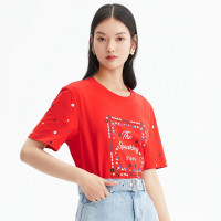 Juzui 玖姿 annakro系列时尚撞色印花圆领短袖T恤女