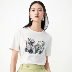 Juzui 玖姿 annakro系列印花串珠圆领短袖T恤女