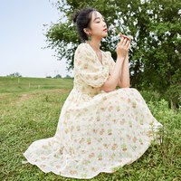 香影 X.YING碎花连衣裙女小清新甜美裙子肌理感泡泡袖v领裙