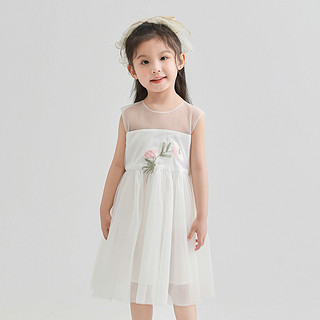 女童裙子男生女生2023夏季新品无袖连衣裙时尚花朵小女孩裙子 110 白色