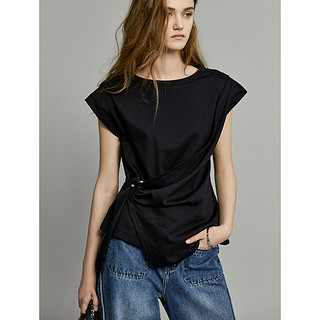 2023夏新款时尚休闲风法式设计感纯棉圆领T恤女 M 黑色