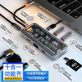 ZNNCO Type-C扩展坞USB-C转HDMI/VGA转换器雷电3 4拓展坞4K分线器网口转接头 10合1丨HDMI+USB+PD+网口+音频+SD 通用苹果电脑MacBook华为小米联想小新笔记