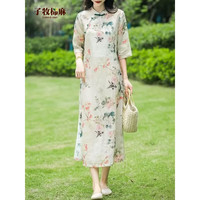 子牧棉麻 女士七分袖印花连衣裙 Z23XH002121