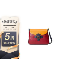 古驰 GUCCI 女包 红黄黑拼色皮革双G中号邮差包单肩斜挎包 648933 1U1IT 6678 奢侈品礼物送女友
