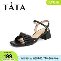 他她(TATA)一字带方头女时装凉鞋通勤粗跟单鞋夏季新款百搭WRV01BL2 黑色 36