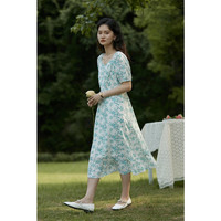 自巧小个子法式方领碎花连衣裙夏季女2022新款温柔风甜美茶歇长裙 白底绿碎花 XXS