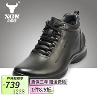 XGN 小公牛男鞋时尚潮头层牛皮高帮休闲旅游鞋英伦风皮靴户外中帮靴子 奥特黑色 39