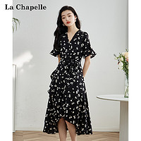 La Chapelle 2023年新款夏季碎花雪纺连衣裙女高端精致V领中长款a字裙