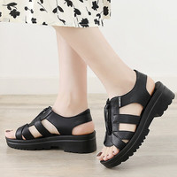 NightRain 夜雨 中跟罗马中年妈妈凉鞋女夏季2022新款真皮软底防滑坡跟中老年平底 黑色882女凉鞋 39码--标准尺码