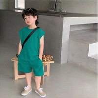 瑄妮薇儿童短袖两件套夏薄款童装韩版华夫格中小童男女宝宝休闲套装短裤 墨绿色 80cm