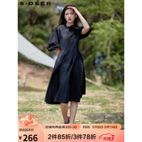 sdeer圣迪奥秋季2022女装时尚百搭不规则高腰公主袖套头短袖立体剪裁A字黑色气质连衣裙女 黑色/91 L/170