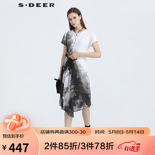 S.DEER夏季圣迪奥女装时尚圆领水墨晕染收腰短袖连衣裙S21281227 白色/90 S/160