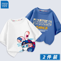 JEANSWEST 真维斯 男童T恤2023年新款男孩夏季薄款纯棉舒适短袖中大童夏天休闲半袖 白 J朋克兔-牛仔蓝 J方块舞狮 160cm
