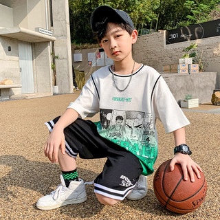 AN儿童装中大男童套装夏季2023新款潮酷帅气男孩夏装网红运动篮球服 蓝色 150码(建议身高145cm左右)