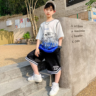 AN儿童装中大男童套装夏季2023新款潮酷帅气男孩夏装网红运动篮球服 蓝色 150码(建议身高145cm左右)