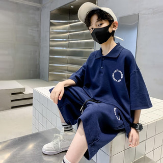 AN男童夏装短袖polo衫套装2023新款中大儿童洋气男孩夏季网红炸街潮 藏青色 140码(建议身高135cm左右)