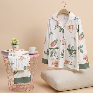 芬腾长袖睡衣女春秋纯棉开衫甜美全棉春季女休闲大码家居服套装