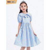 binpaw 童装女童夏季连衣裙2023新款甜美气质格子娃娃领透气公主裙长裙 蓝色 150