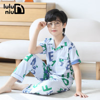 噜噜牛(LULUNIU)夏季儿童睡衣男童纯棉短袖长裤男孩大童全棉薄款家居服 23002-浅蓝 110cm(8码 建议身高105-115)