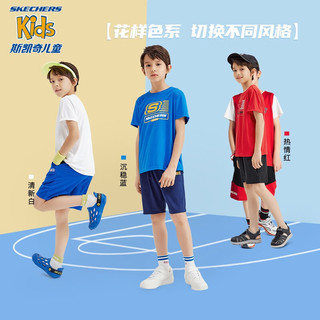 Skechers斯凯奇儿童短袖套装2023新款夏季舒适速干男童运动两件套L122B069 亮白色/0019 150cm