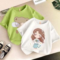 洛童欧(LUOTONGOU)女童T恤夏季儿童短袖新款中大童夏装半袖童装中小学生短t上衣 梦菊白+小熊绿 120 建议身高110-120