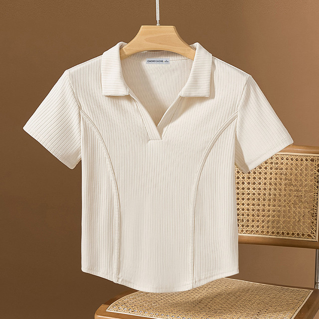 CACHE CACHE 纹理感拼接短袖小翻领T恤 2023春夏新款纯欲风辣妹短款小衫