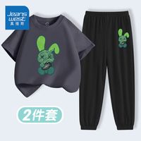 真维斯男童短袖套装夏季宽松运动儿童纯棉t恤夏装半袖洋气两件套 星空灰黑色ZRD92 110