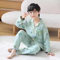 噜噜牛(LULUNIU)儿童睡衣男童春秋纯棉长袖薄款春季男孩中大童家居服 浅绿色-13007 120cm(10码 建议身高115-125)