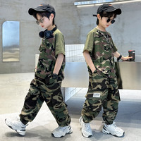 贝孩趣 童装儿童迷彩服男童套装夏季学生短袖衣服夏令营迷彩服装演出班服 绿色长裤套装 130码(建议身高115-125厘米)