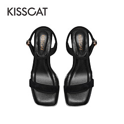 KISSCAT 接吻猫 2023夏季新款舒适简约高跟鞋舒适羊绒方头粗跟一字带凉鞋女