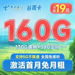 CHINA TELECOM 中国电信 谷雨卡 19元月租（160G全国流量+5G高速流量）激活送30元 2年套餐