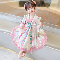 九能(jiuneng)汉服女童夏款2023新款明制套装儿童古装超仙春装小女孩六一节表演 粉色蝴蝶结 100