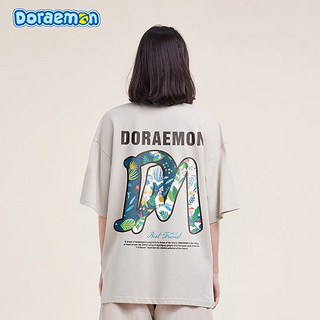 哆啦A梦（DORAEMON）纯棉短袖T恤宽松百搭夏季联名新款机器猫DM字母印花上衣男女同款 浅卡其 S