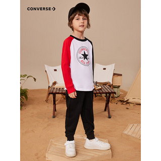 Converse 匡威儿童装男童长袖套装2022秋季新款经典撞色t恤裤子2件装薄款纯棉女童运动长裤 学院红 110/52