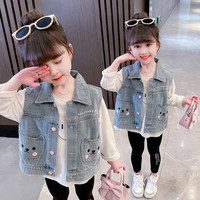 童臻爱童装女童牛仔马甲儿童外套春秋装2023新款时尚小女孩卡通牛仔上衣 蓝色 100(适合身高90-100cm)