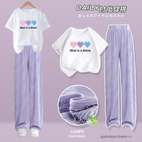 优优1点女童夏装套装儿童洋气时髦2023新款短袖裤子大童女孩夏季阔腿休闲 15009紫色+9802白色 120cm