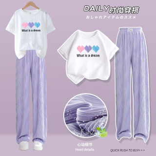 优优1点女童夏装套装儿童洋气时髦2023新款短袖裤子大童女孩夏季阔腿休闲 15009紫色+9802白色 120cm