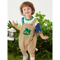 Woobaby儿童宝宝背带裤23夏新品男女童婴儿爬服连体短裤外出 卡其色 73cm