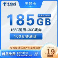 中国电信 天妖卡 19元(185G全国流量+100分钟)6个月或12个月优惠期自选