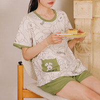米度丽 月子服夏季薄款短袖孕妇哺乳睡衣女夏天产后喂奶家居服套装 绿色 L