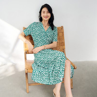 泡泡纱v领雪纺碎花裙女垂感夏季a字蛋糕裙摆中长款收腰连衣裙