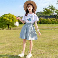 童心觅(TONGXINMI)童装女童套装夏季新款女孩衣服两件套儿童短袖半身裙4-12岁中大童 浅蓝色 140cm