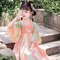 九能汉服女童夏季薄款短袖中国风女孩连衣裙儿童古装短款仙女表演唐装 粉红色 120