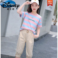 迪士尼(Disney)女童夏季套装洋气2023年新款网红运动夏装12女中大童短袖短裤10岁 条纹打扣套装 粉色 170